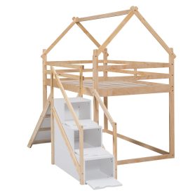 House Shape Twin over Twin Bunk Bed with Slide and Staircase