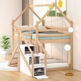 House Shape Twin over Twin Bunk Bed with Slide and Staircase