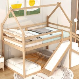 House Shape Twin over Twin Bunk Bed with Slide and Staircase