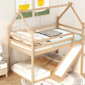 House Shape Twin over Twin Bunk Bed with Slide and Staircase