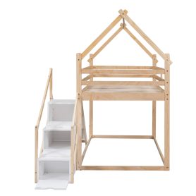 House Shape Twin over Twin Bunk Bed with Slide and Staircase