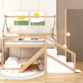 House Shape Twin over Twin Bunk Bed with Slide and Staircase
