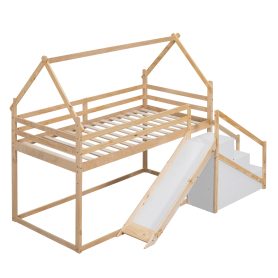 House Shape Twin over Twin Bunk Bed with Slide and Staircase
