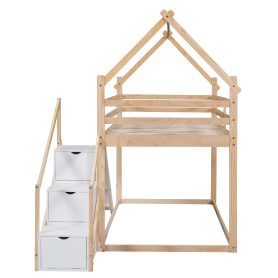 House Shape Twin over Twin Bunk Bed with Slide and Staircase