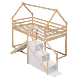 House Shape Twin over Twin Bunk Bed with Slide and Staircase