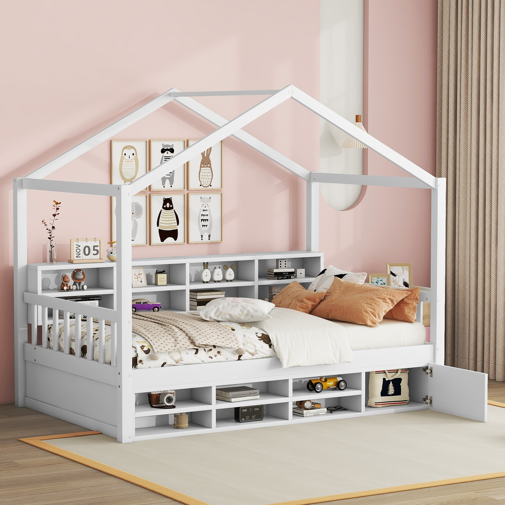 Twin Size Wooden House Bed with Shelves and a Mini-Canbinet