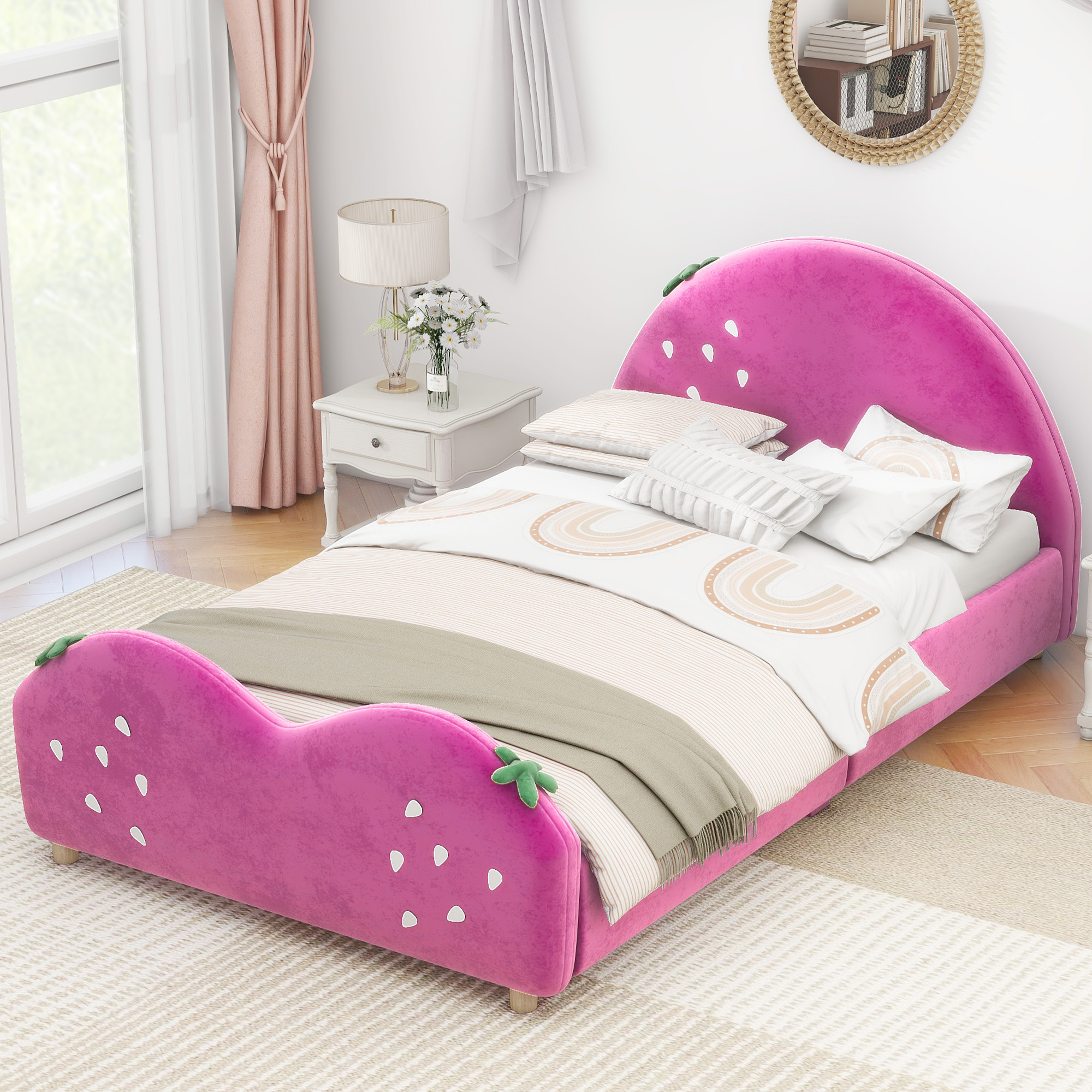 Twin Size Upholstered Platform Bed with Strawberry Shaped Headboard and Footboard