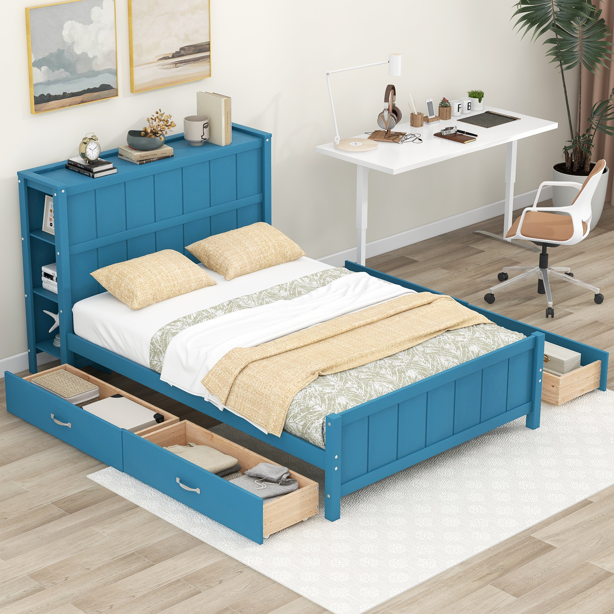 Full Size Platform Bed With Drawers And Storage Shelves