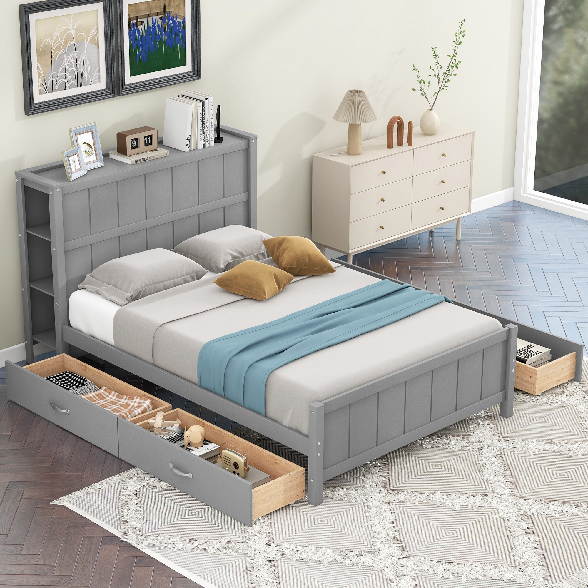Full Size Platform Bed With Drawers And Storage Shelves