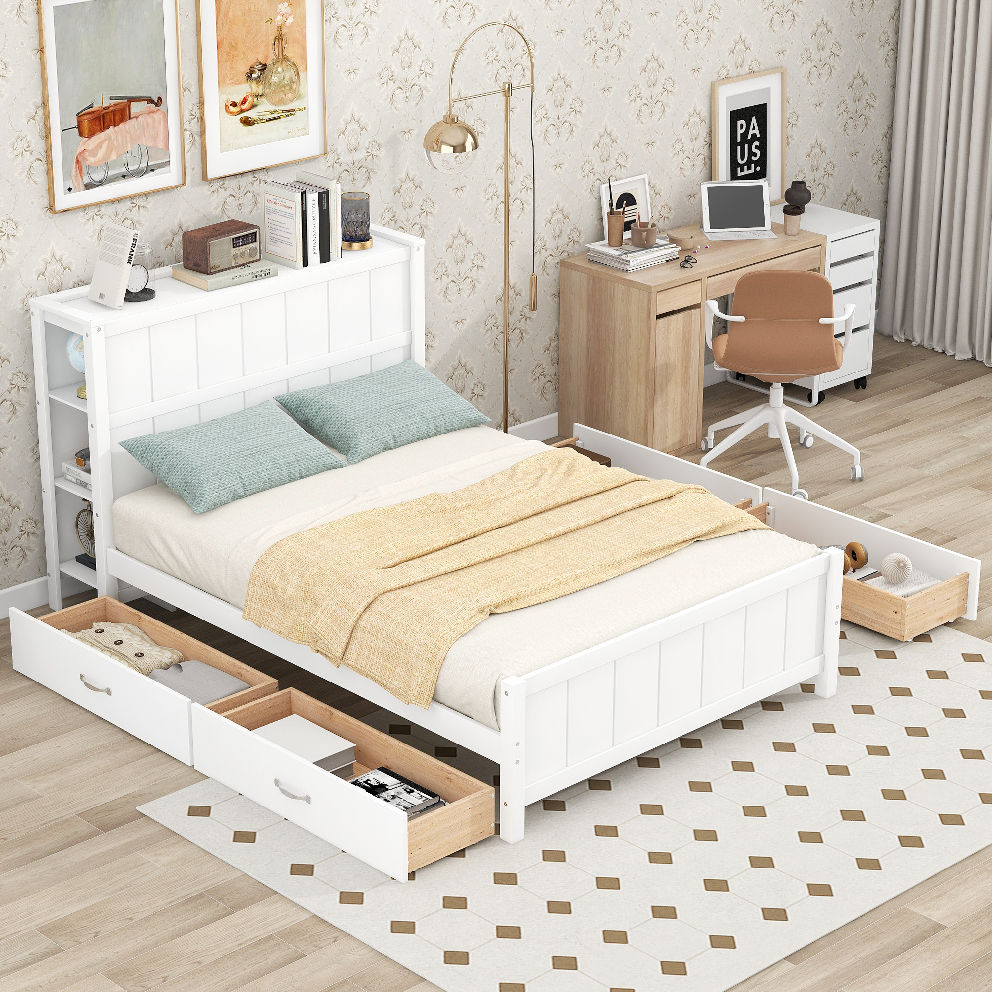 Full Size Platform Bed With Drawers And Storage Shelves