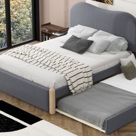 Full Size Upholstered Platform Bed with Wood Supporting Feet and Twin Size Trundle