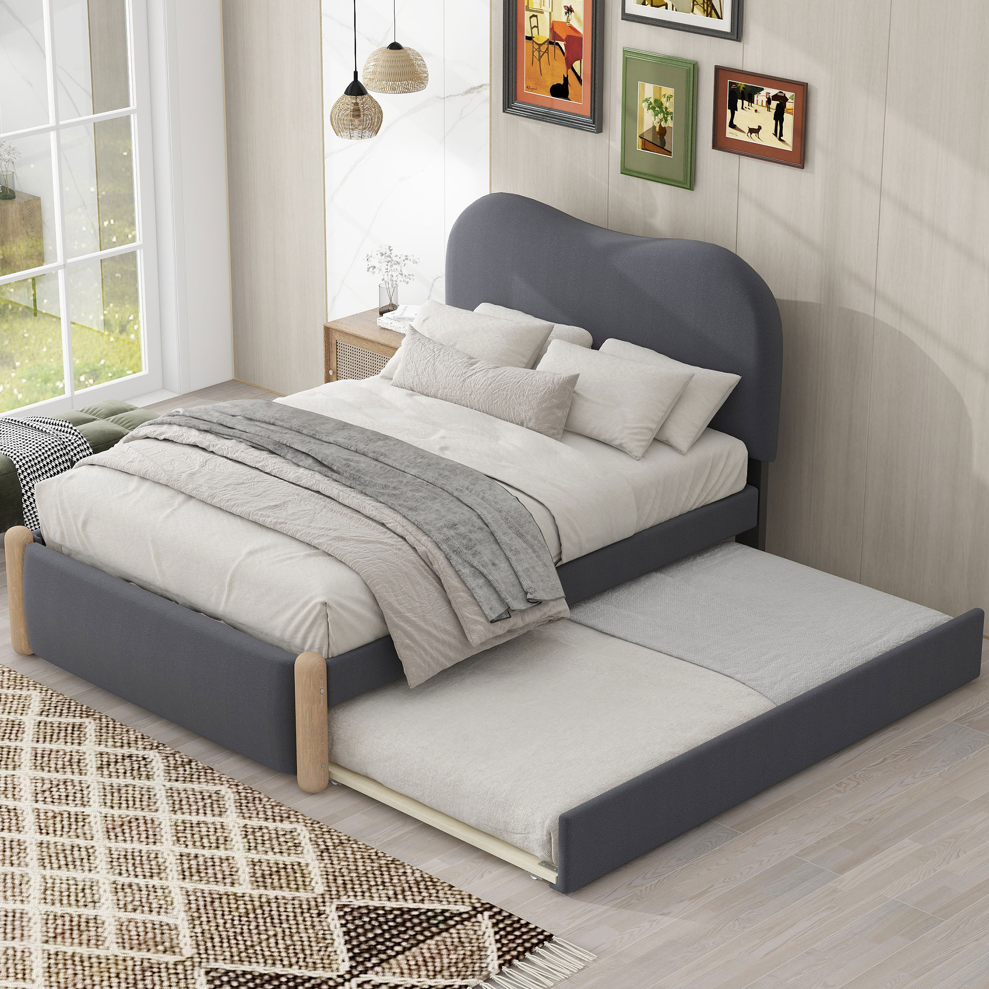 Twin Size Upholstered Platform Bed With Wood Supporting Feet And Twin Size Trundle