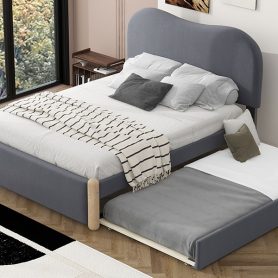 Full Size Upholstered Platform Bed with Wood Supporting Feet and Twin Size Trundle