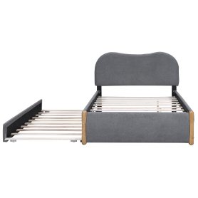 Full Size Upholstered Platform Bed with Wood Supporting Feet and Twin Size Trundle
