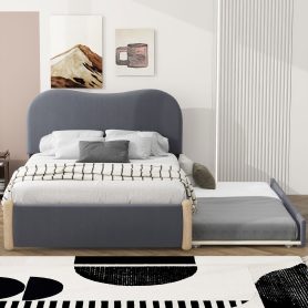Full Size Upholstered Platform Bed with Wood Supporting Feet and Twin Size Trundle