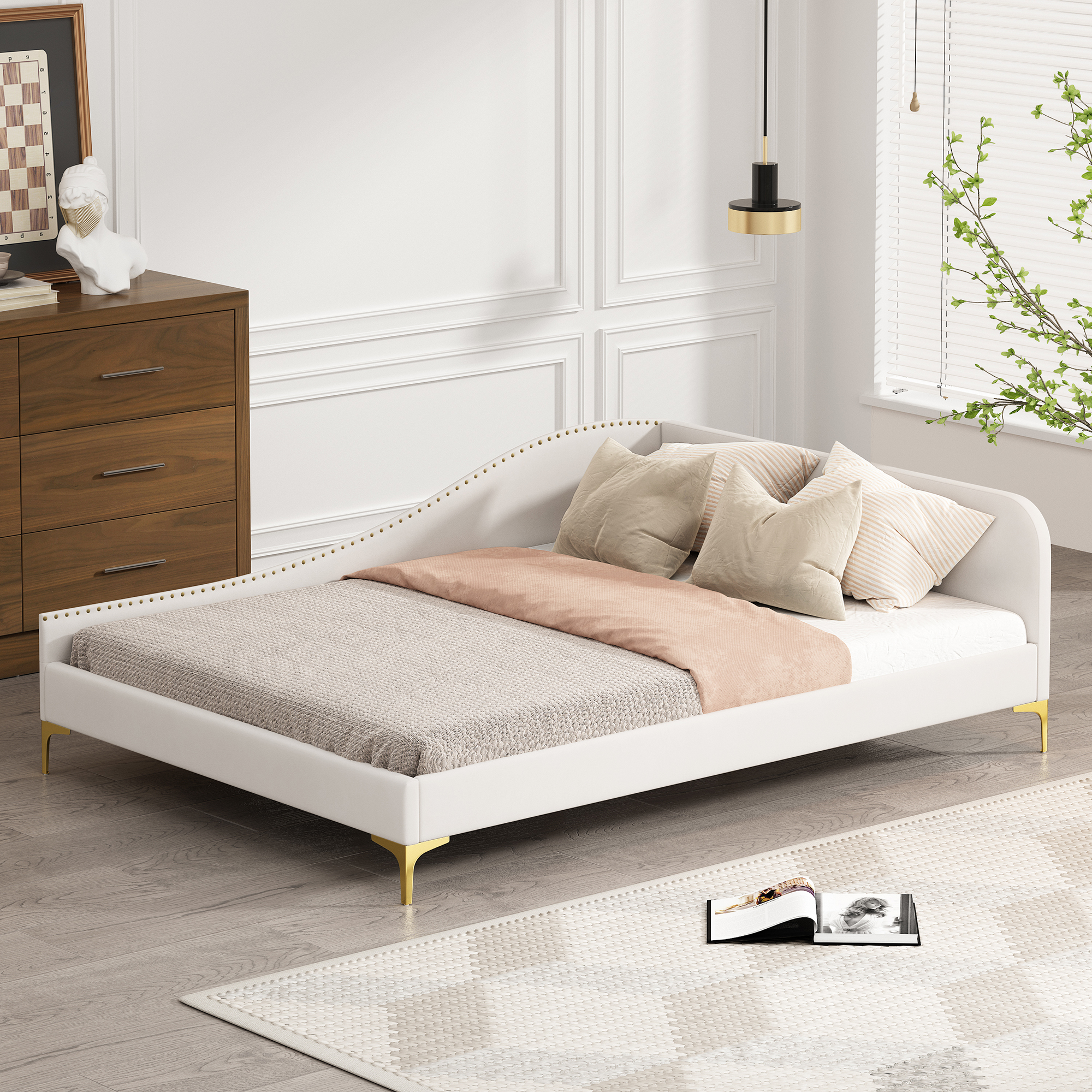 Full Size Upholstered Daybed With Headboard, Armrest, And Support Legs