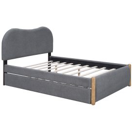 Full Size Upholstered Platform Bed with Wood Supporting Feet and Twin Size Trundle