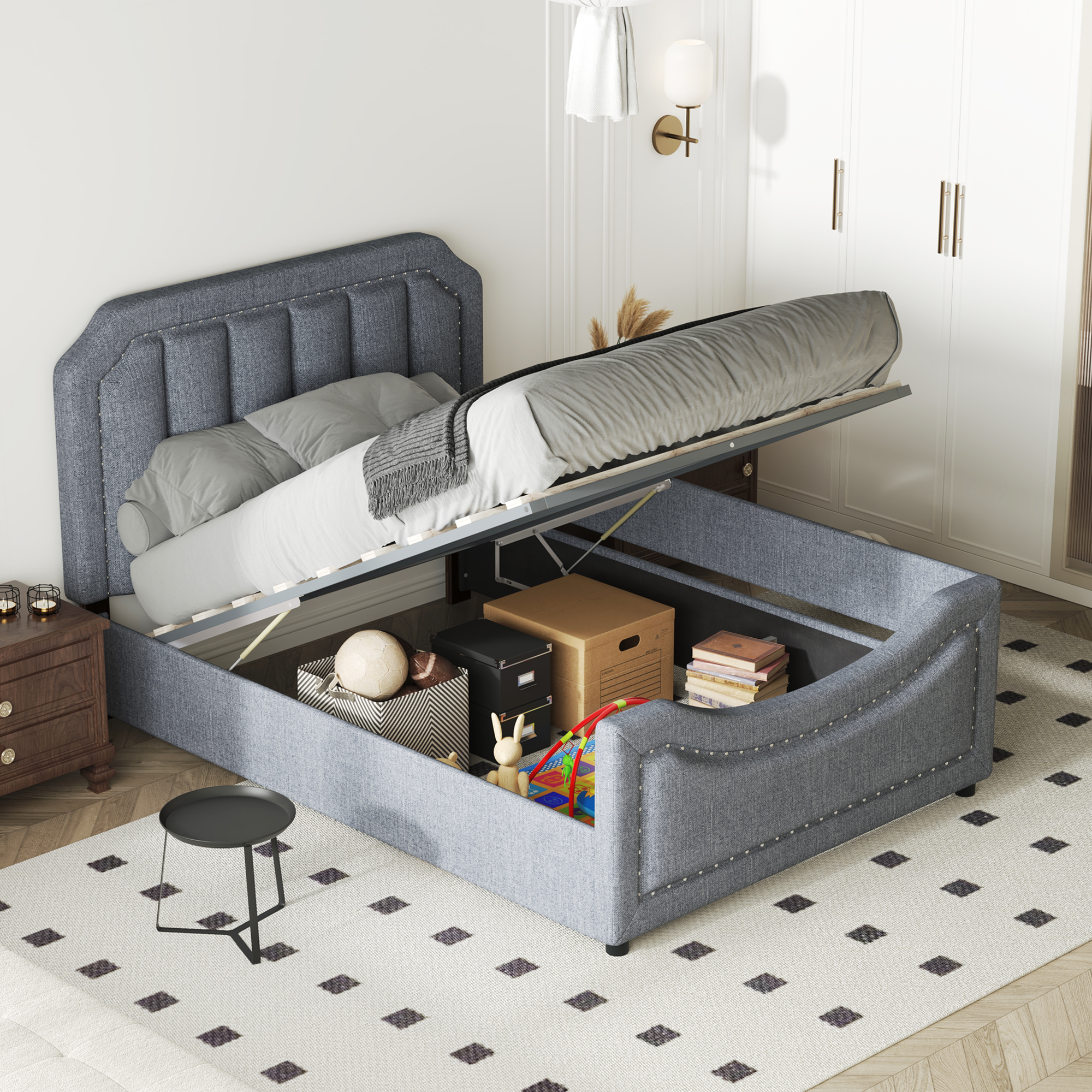 Twin Size Storage Upholstered Hydraulic Platform Bed with Nailhead Decoration