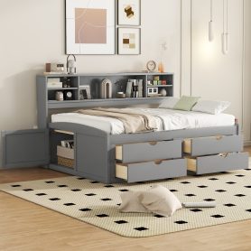 Full Size Wood Daybed with 2 Bedside Cabinets, Upper Shelves and 4 Drawers