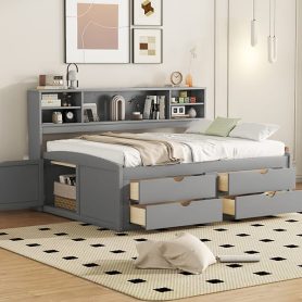 Full Size Wood Daybed with 2 Bedside Cabinets, Upper Shelves and 4 Drawers