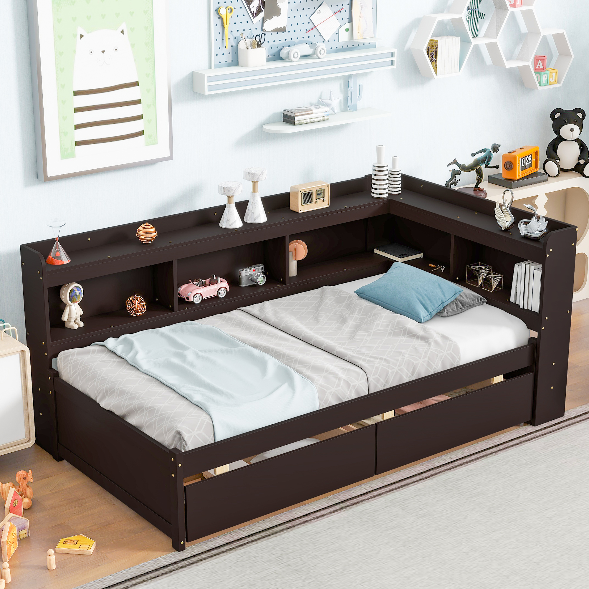 Full Size Daybed With L-Shaped Bookcases and Drawers