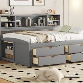 Full Size Wood Daybed with 2 Bedside Cabinets, Upper Shelves and 4 Drawers