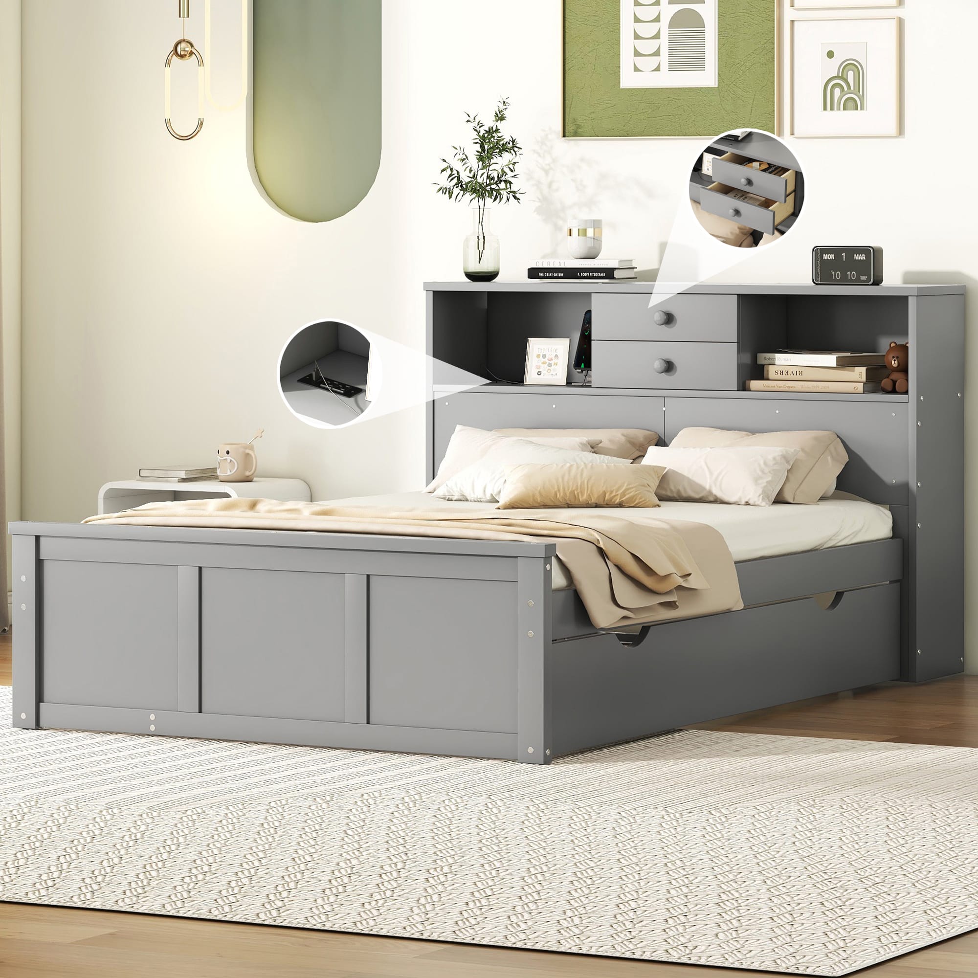 Full Size Wood Pltaform Bed With Win Size Trundle, 3 Drawers, Upper Shelves And A Set Of USB Ports & Sockets