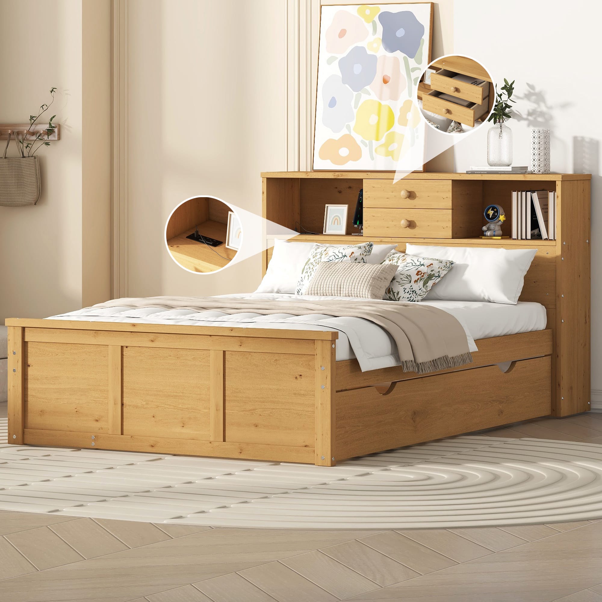 Full Size Wood Pltaform Bed With Win Size Trundle, 3 Drawers, Upper Shelves And A Set Of USB Ports & Sockets