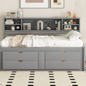 Full Size Wood Daybed with 2 Bedside Cabinets, Upper Shelves and 4 Drawers