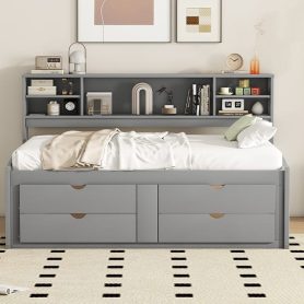 Full Size Wood Daybed with 2 Bedside Cabinets, Upper Shelves and 4 Drawers