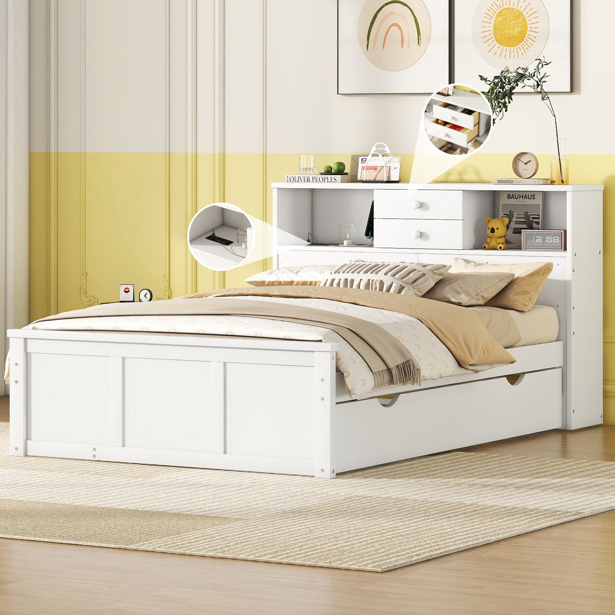 Full Size Wood Pltaform Bed With Win Size Trundle, 3 Drawers, Upper Shelves And A Set Of USB Ports & Sockets