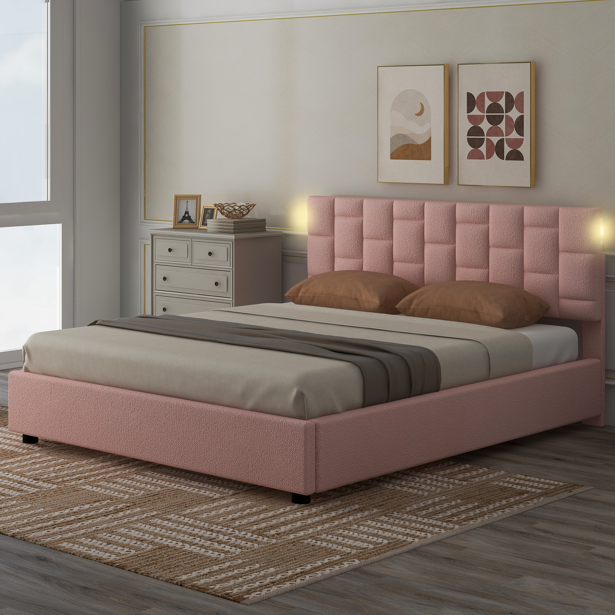 Queen Size Upholstered Platform Bed with Height-adjustable Headboard and Under-bed Storage Space