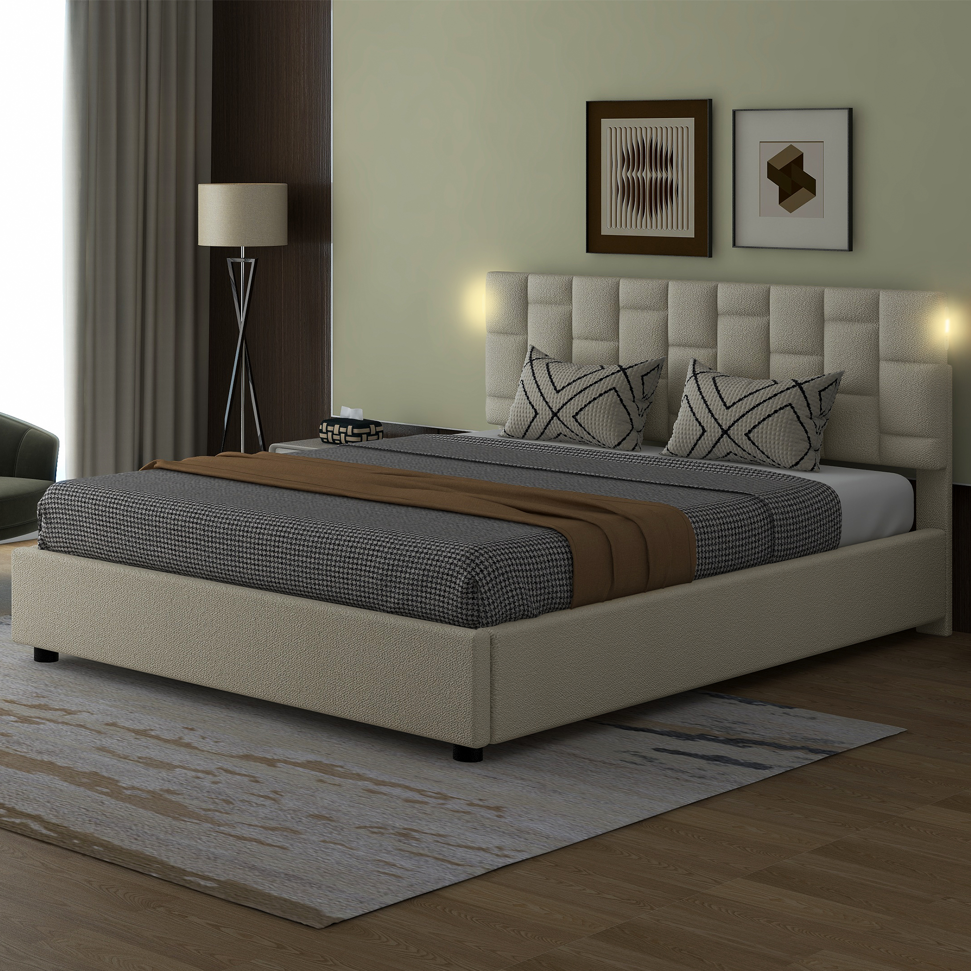 Queen Size Upholstered Platform Bed with Height-adjustable Headboard and Under-bed Storage Space