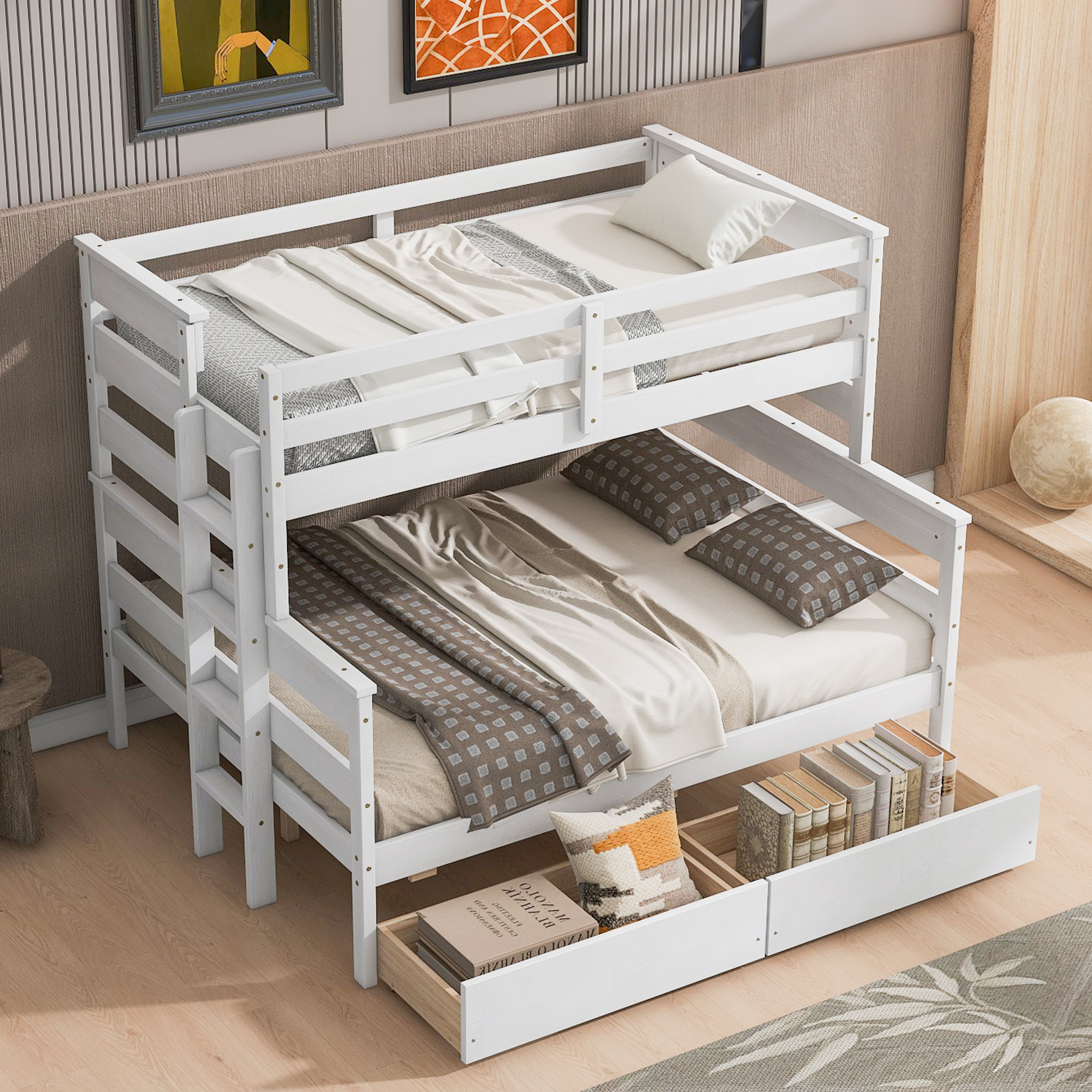 Wood Twin over Full Bunk Bed with 2 Drawers