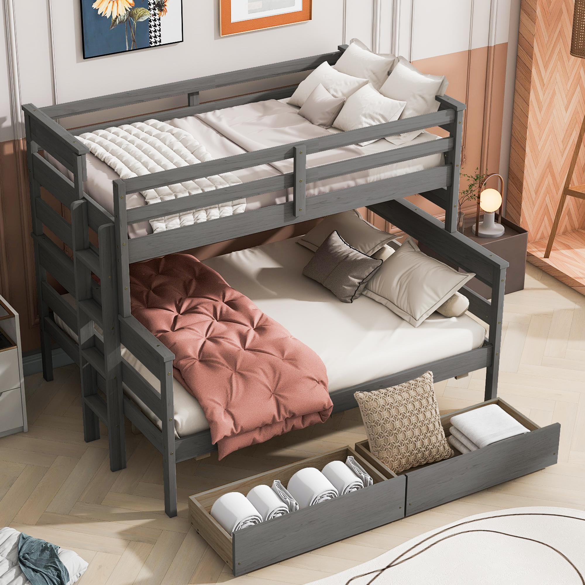 Wood Twin over Full Bunk Bed with 2 Drawers