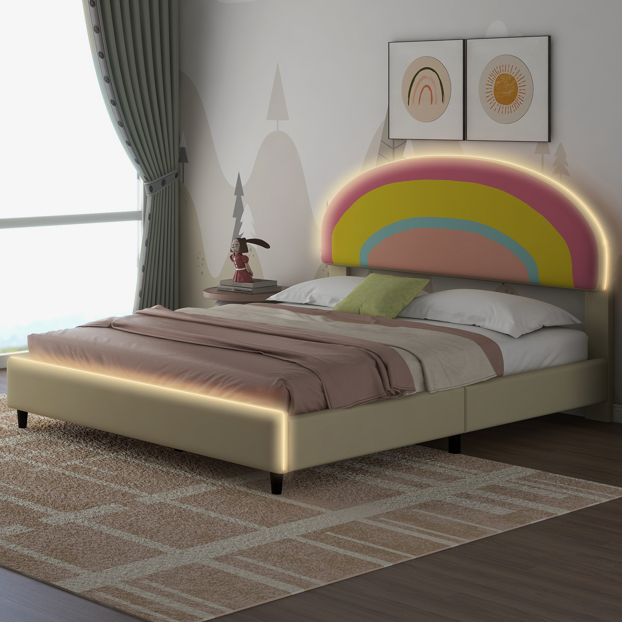 Full Size Upholstered Platform Bed with Rainbow Shaped and Height-adjustbale Headboard