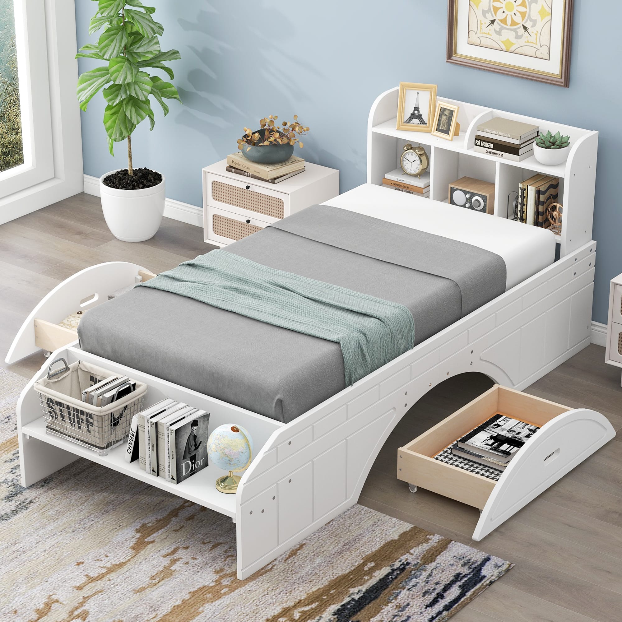 Wood Twin Size Platform Bed with 2 Drawers, Storage Headboard and Footboard