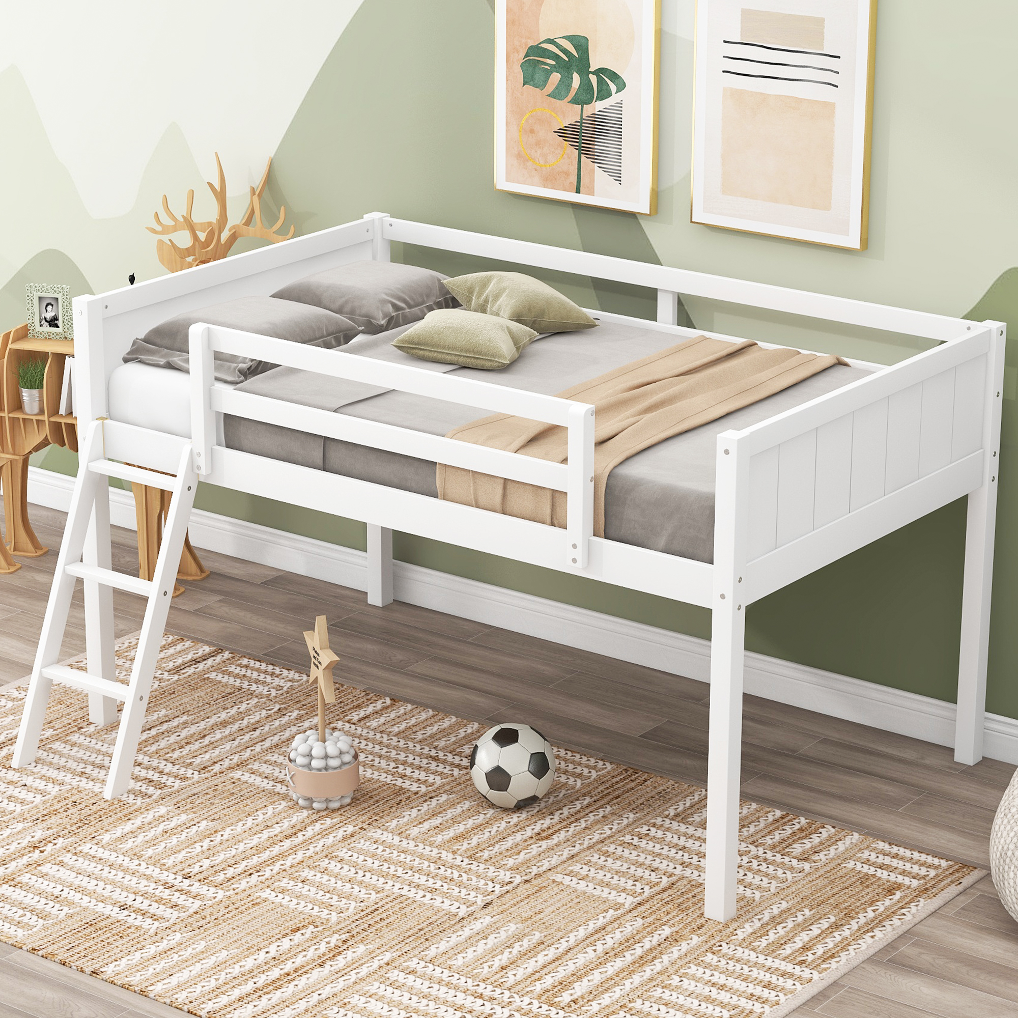 Twin Size Wood Loft Bed With Ladder, Ladder Can Be Placed On The Left Or Right