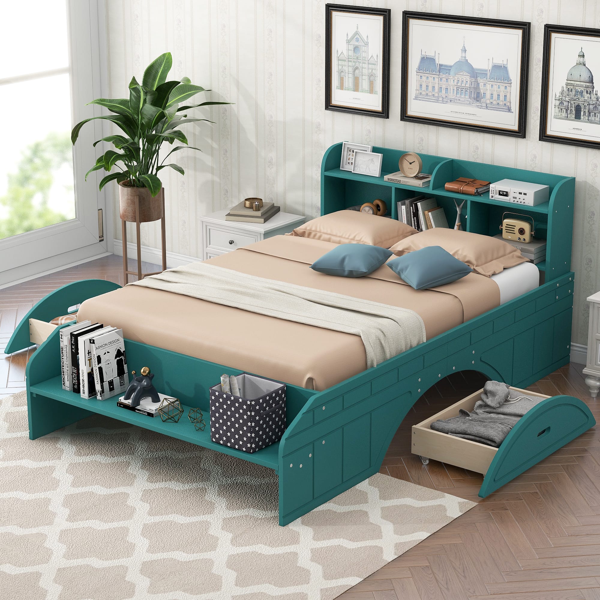 Wood Full Size Platform Bed with 2 Drawers, Storage Headboard and Footboard