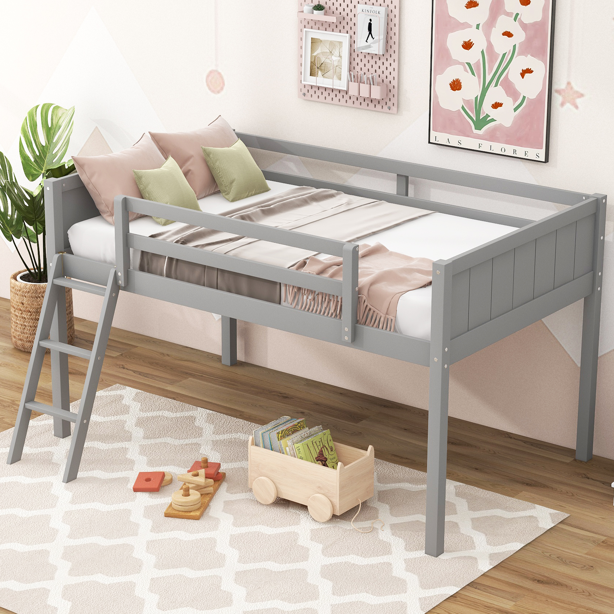 Twin Size Wood Loft Bed With Ladder, Ladder Can Be Placed On The Left Or Right