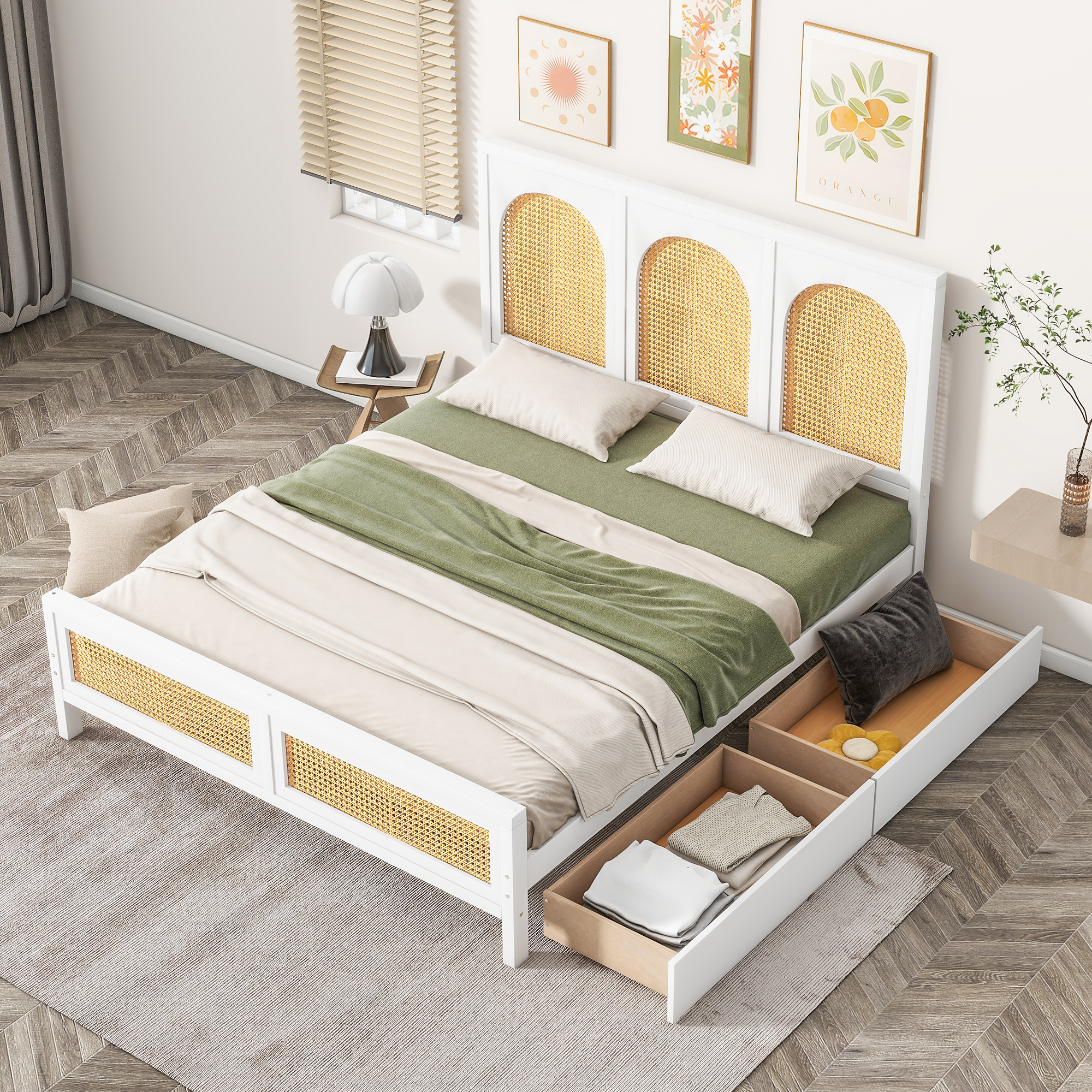 Full Size Wood Storage Platform Bed with 2 Drawers, Rattan Headboard and Footboard