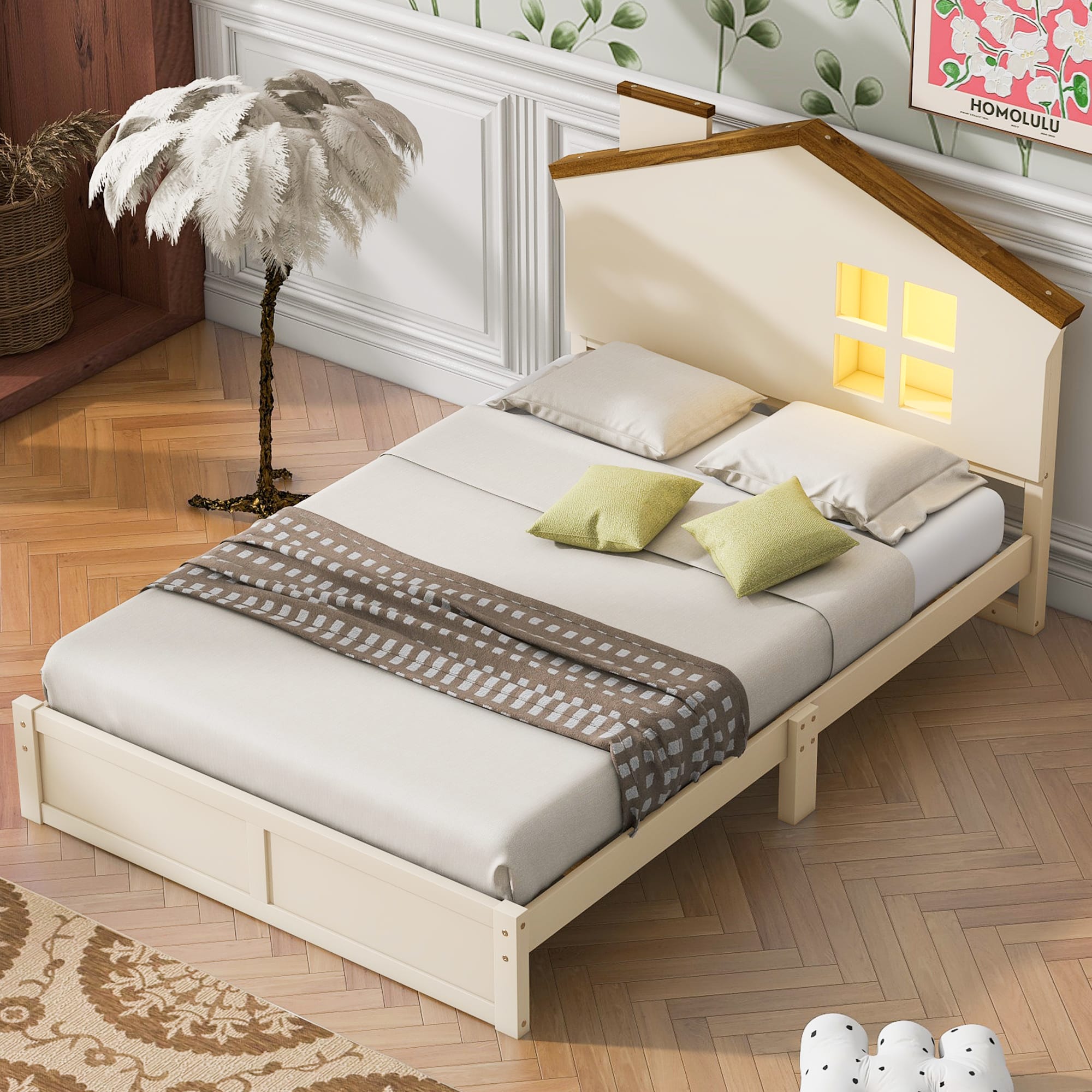 Twin Size Wood Platform Bed with House-shaped Headboard and Built-in LED