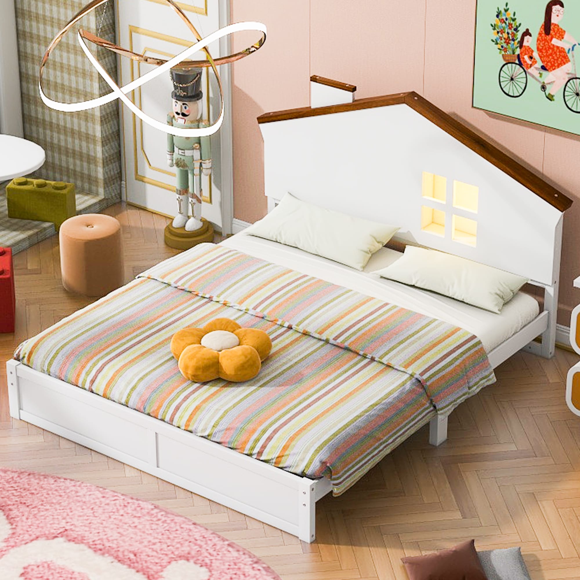 Full Size Wood Platform Bed with House-shaped Headboard and Built-in LED