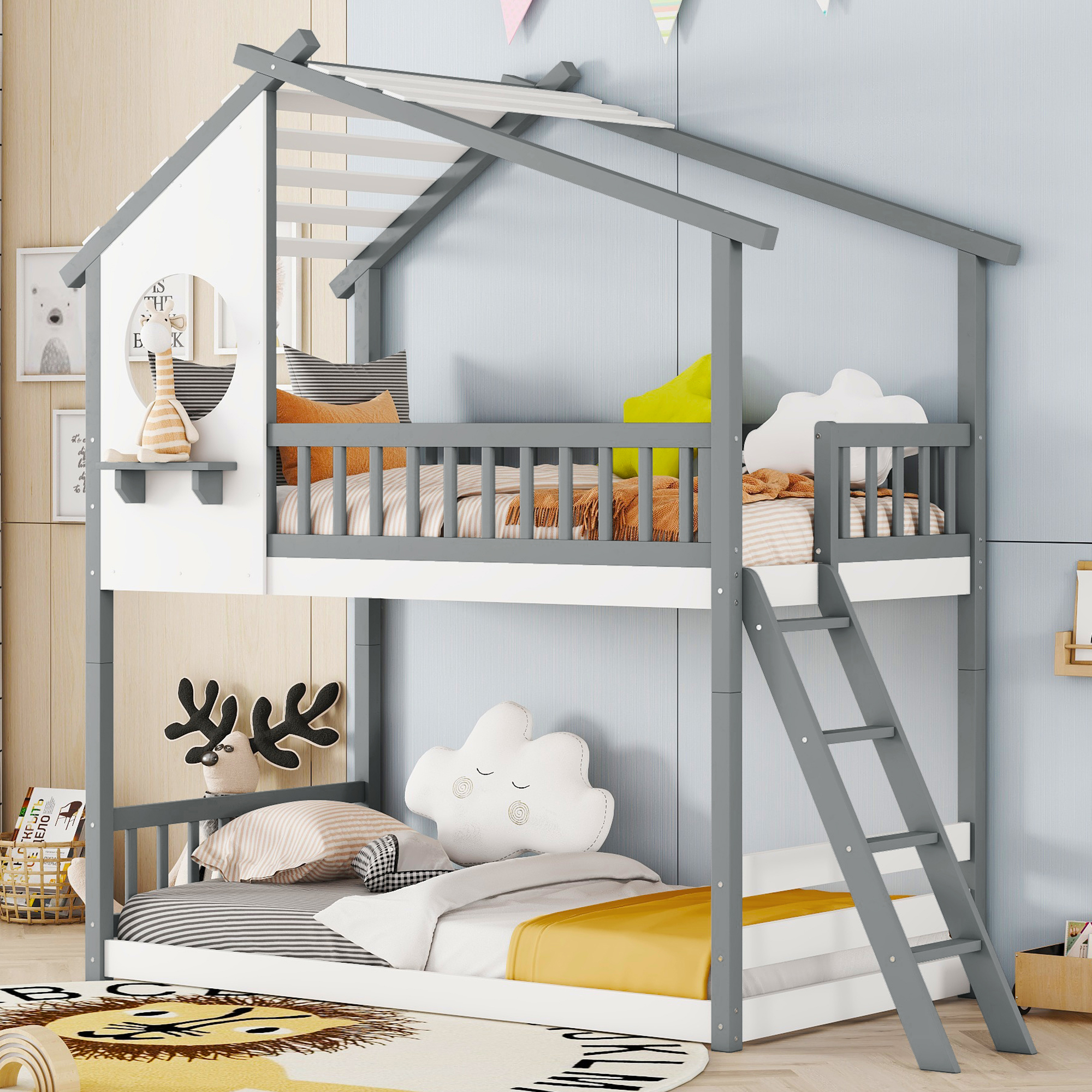 Wood Twin Over Twin Bunk Bed With Roof, Window, Ladder