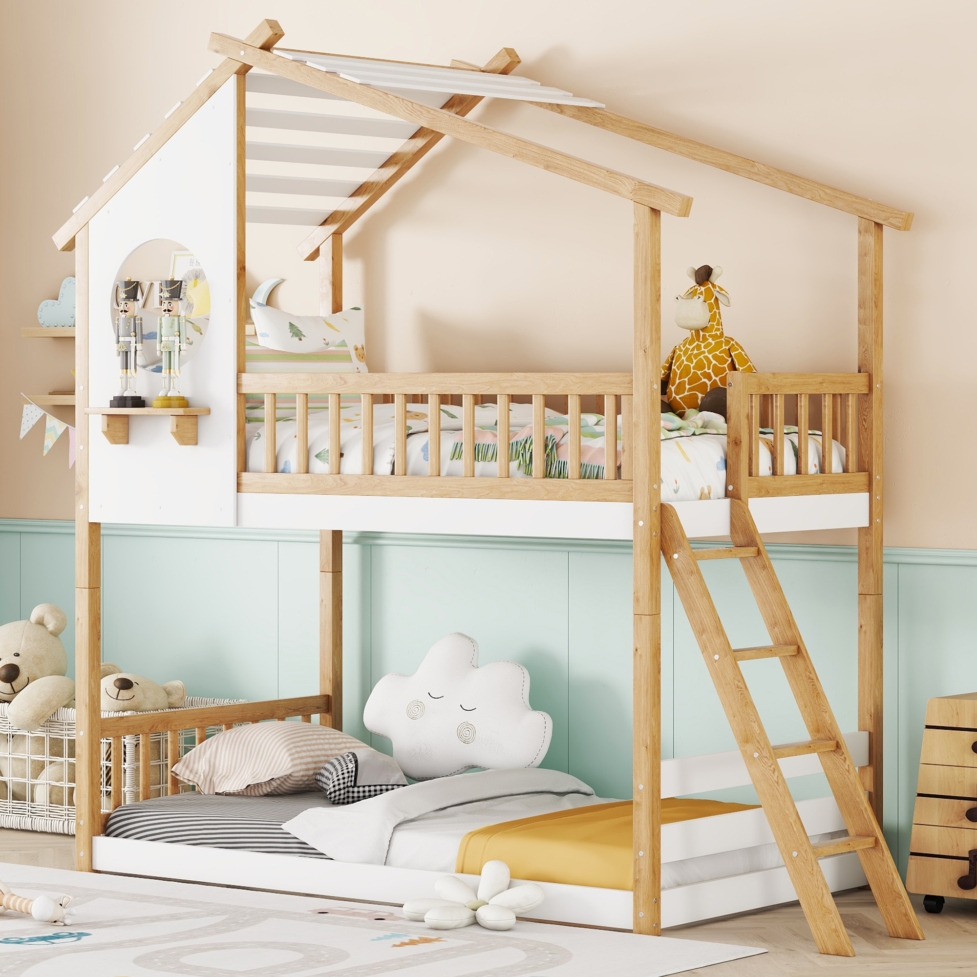 Wood Twin Over Twin Bunk Bed With Roof, Window, Ladder