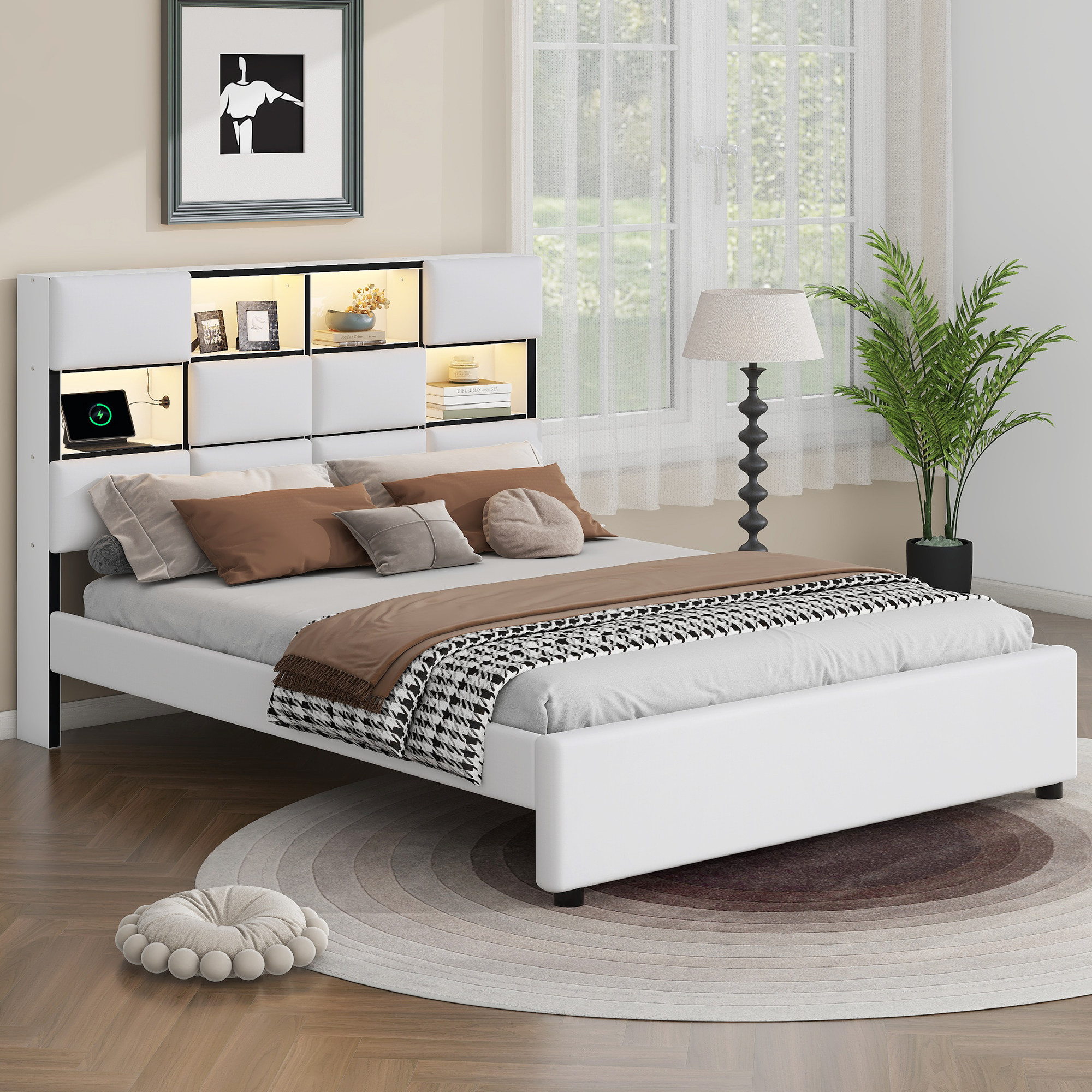Queen Size Upholstered Platform Bed with LED, Storage and USB