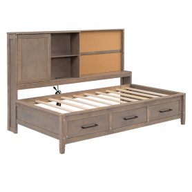 Twin Size Lounge Daybed with Storage Shelves, Cork Board, USB Ports and 3 Drawers