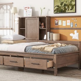 Twin Size Lounge Daybed with Storage Shelves, Cork Board, USB Ports and 3 Drawers