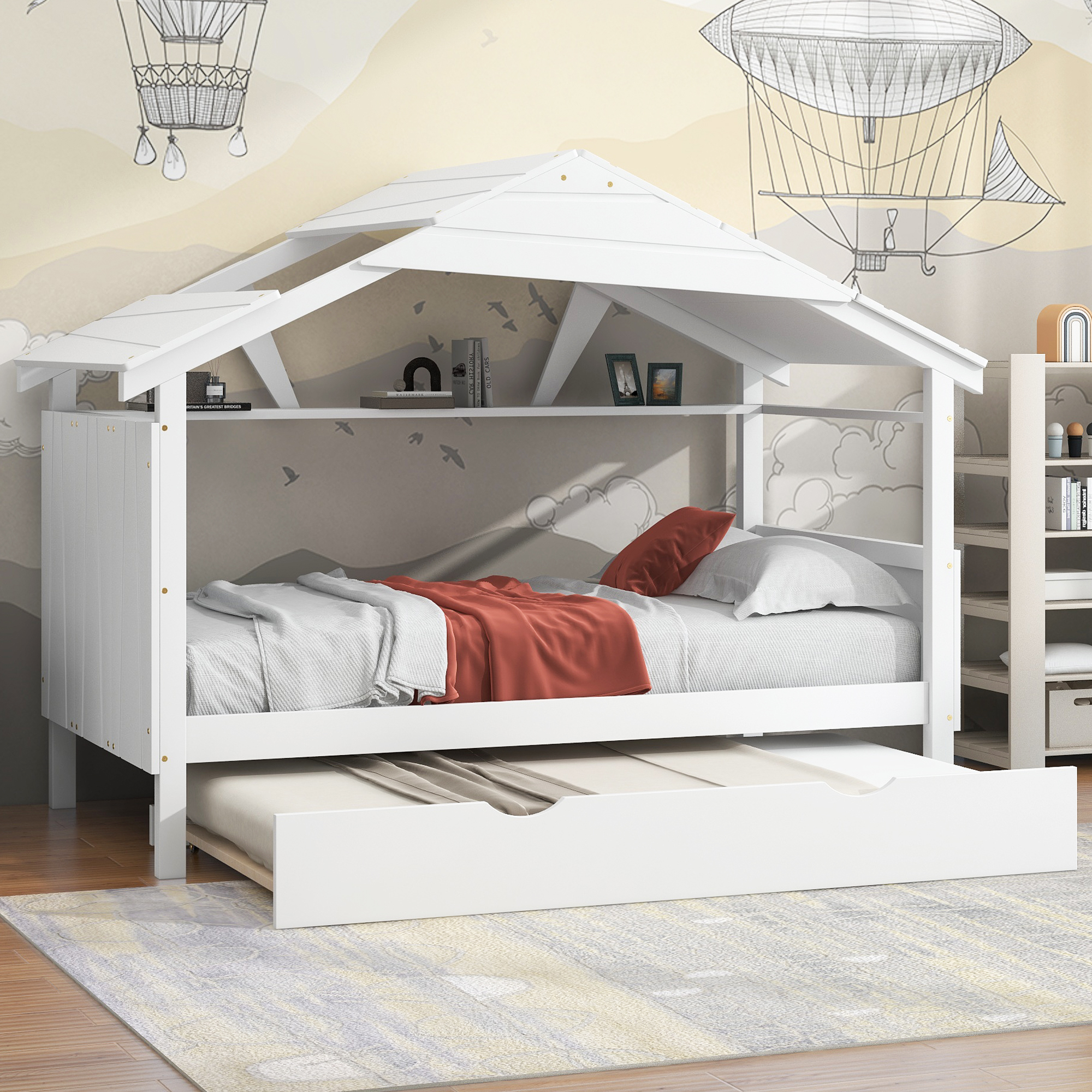 Wood Twin Size House Bed with Trundle and Storage