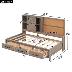 Twin Size Lounge Daybed with Storage Shelves, Cork Board, USB Ports and 3 Drawers